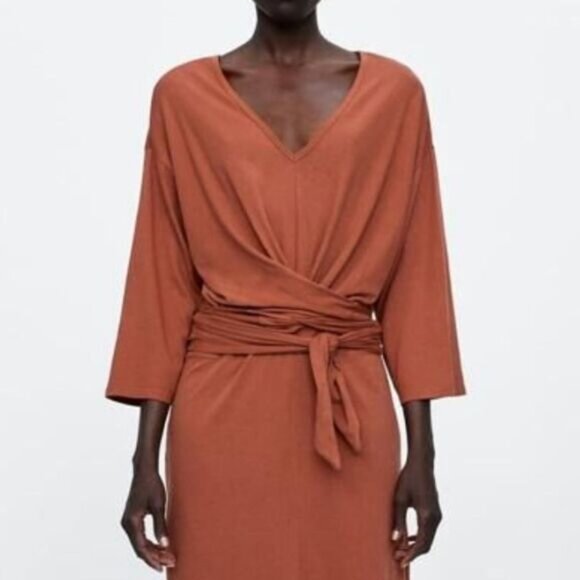 ZARA | 100% Cotton Minimalist Modern V-Neck Midi Dress Orange Sz S - Picture 2 of 16